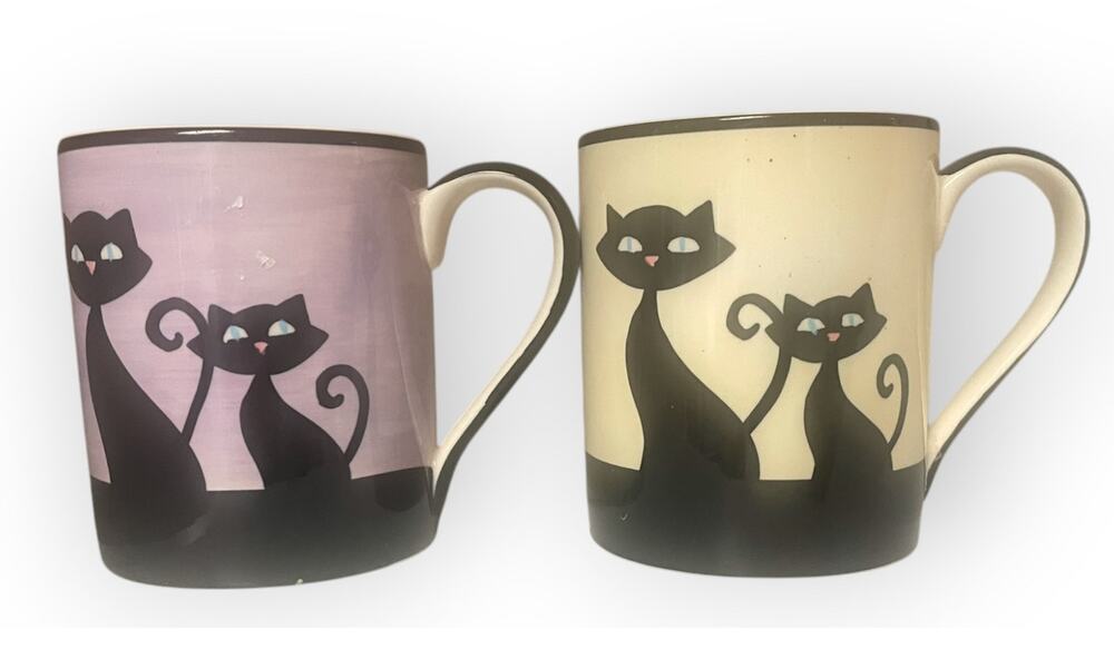 Hues N Brews CATTITUDE Mug Black & Ivory with Siamese Cats | Lot of 2 | No flaws